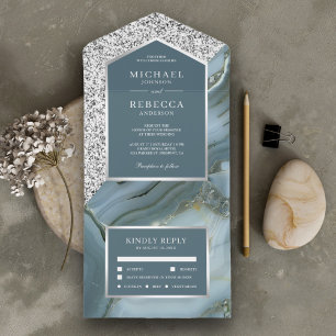 Invitation Tout En Un Mariage sur ardoise bleue avec paillettes grises e