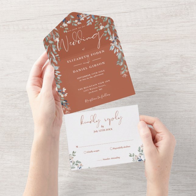 Invitation Tout En Un Mariage Terracotta Floral Greenery Écriture (Déchirure)