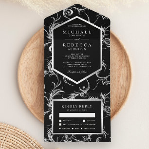 Invitation Tout En Un Mariage Tourbillon de Feuille d'Argent Noir