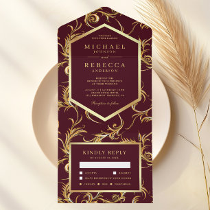 Invitation Tout En Un Mariage Tourbillon de Feuille d'Or de Bourgogne