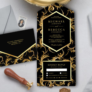 Invitation Tout En Un Mariage Tourbillon de papier d'aluminium noir et o