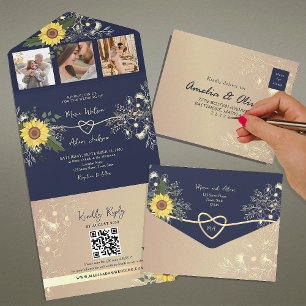 Invitation Tout En Un Mariage Tournesol et Bleu Marine