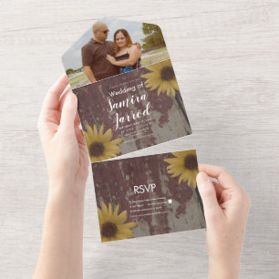 Invitation Tout En Un Mariage Tournesols Rustiques Bois Grain