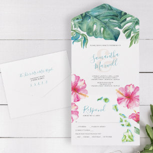 Invitation Tout En Un Mariage tropical à Hawaii aux aquarelles