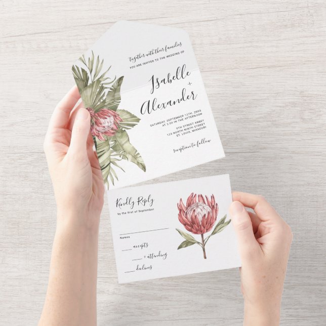 Invitation Tout En Un Mariage tropical à la gouache Protea  (Déchirure)