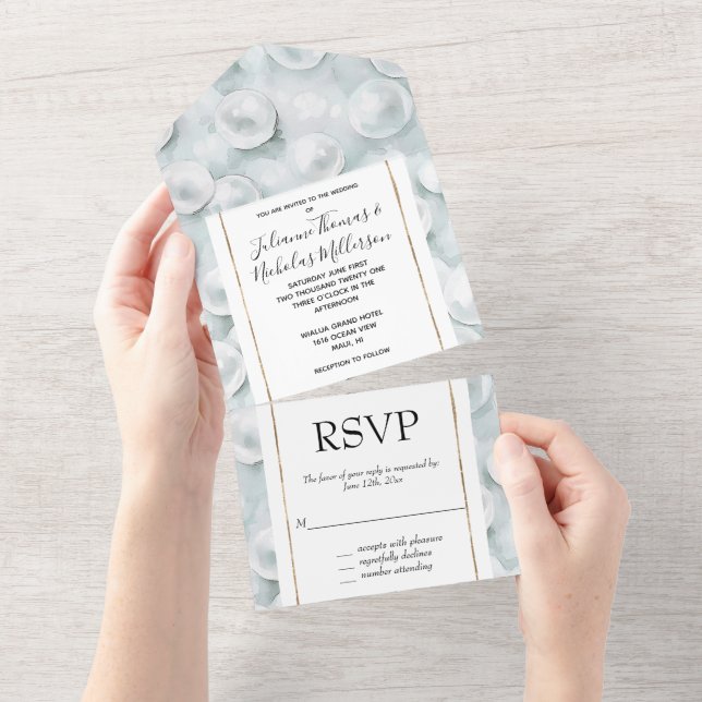 Invitation Tout En Un Mariage Tropical Blue White Pearls (Déchirure)