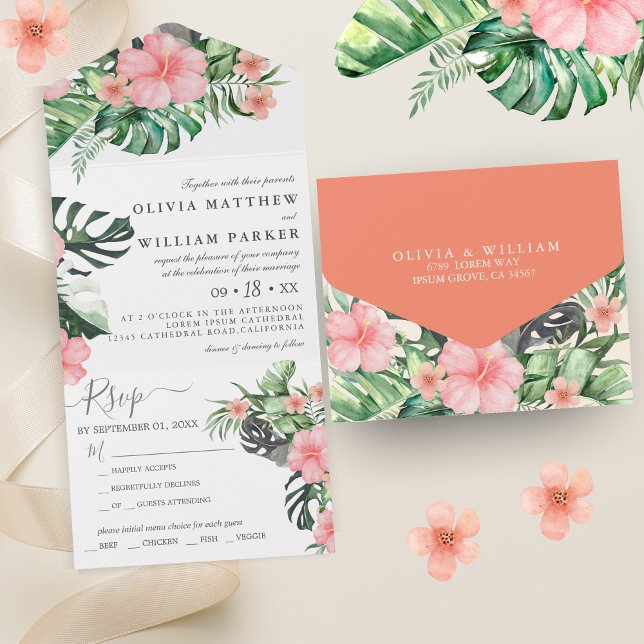 Invitation Tout En Un Mariage Tropical Floral À L'aquarelle Tendance (Créateur téléchargé)
