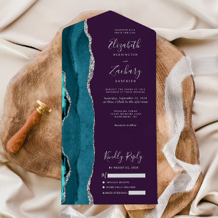 Invitation Tout En Un Mariage Turquoise Agate Violet Argent