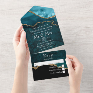 Invitation Tout En Un Mariage Turquoise et Agate Dorée