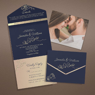 Invitation Tout En Un Mariage Unique Rose Gold et Bleu Nuit
