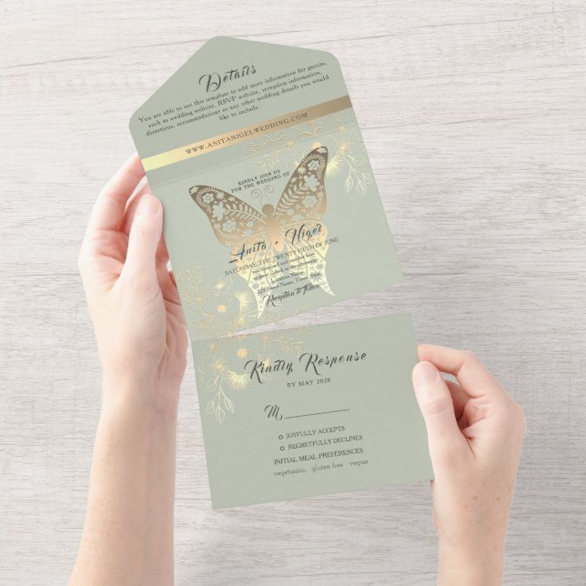 Invitation Tout En Un Mariage vert Boho Sage (Déchirure)