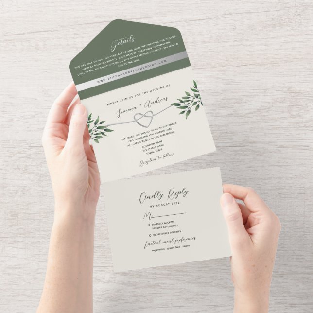 Invitation Tout En Un Mariage vert d'olive botanique rustique (Déchirure)