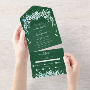 Invitation Tout En Un Mariage vert émeraude à fleurs blanches