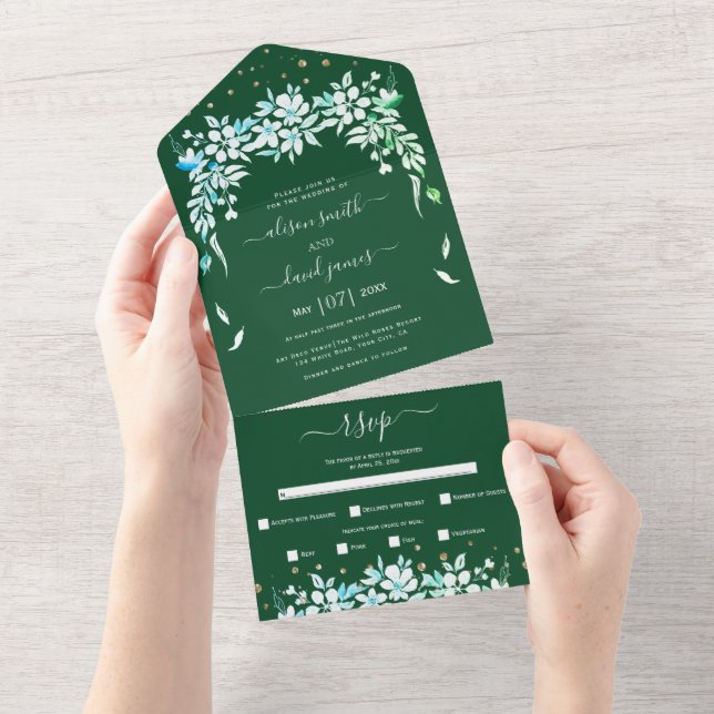 Invitation Tout En Un Mariage vert émeraude à fleurs blanches (Déchirure)