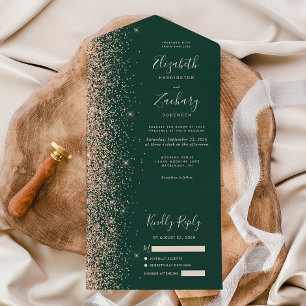 Invitation Tout En Un Mariage Vert Émeraude Paillettes de Pêche