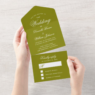 Invitation Tout En Un Mariage Vert Olive Élégante Calligraphie RSVP