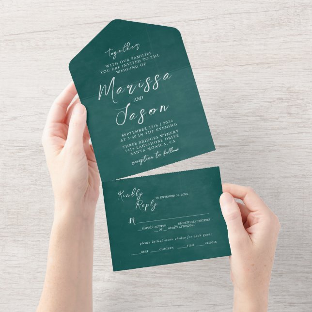 Invitation Tout En Un Mariage vert rustique simple et élégant (Déchirure)