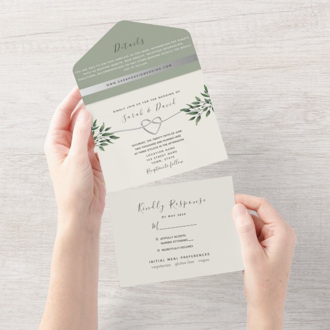 Invitation Tout En Un Mariage vert Sage Botanique Moderne (Déchirure)