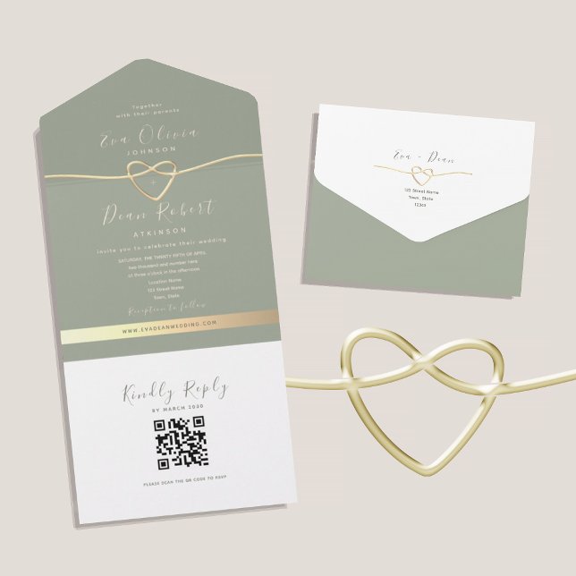 Invitation Tout En Un Mariage vert Sage de code QR (Créateur téléchargé)