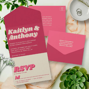 Invitation Tout En Un Mariage Viva Magenta Rétro Groovy des Années 70