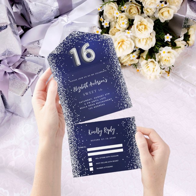 Invitation Tout En Un Marine bleu argent parties scintillant Sweet 16 rs (Créateur téléchargé)