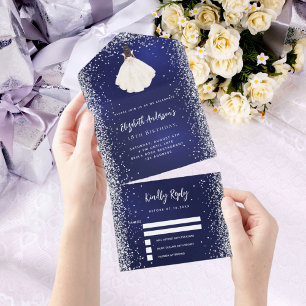 Invitation Tout En Un Marine bleu argent robe parties scintillant annive