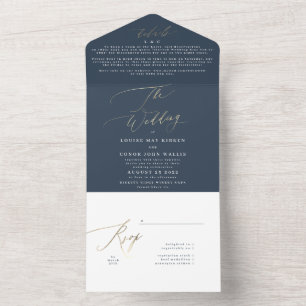 Invitation Tout En Un Marine Bleu Blanc Élégant Or Le Mariage