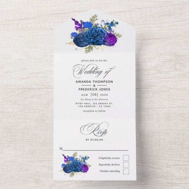 Invitation Tout En Un Marine Bleu et Gold Vintage mariage All In One Inv (À l'intérieur)