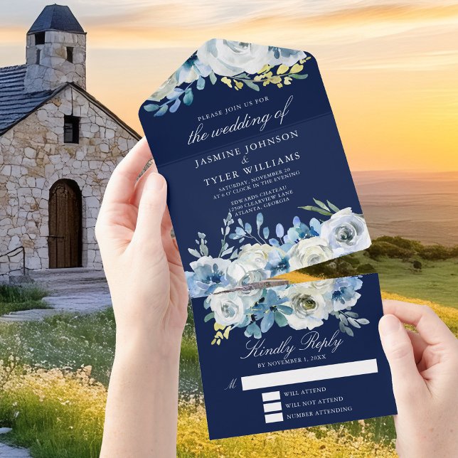 Invitation Tout En Un Marine Bleu Floral Élégant Mariage d'hiver (Créateur téléchargé)