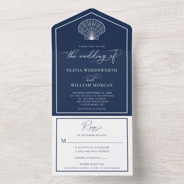 Invitation Tout En Un Marine Blue Beach Seashell Mariage côtier (À l'intérieur)