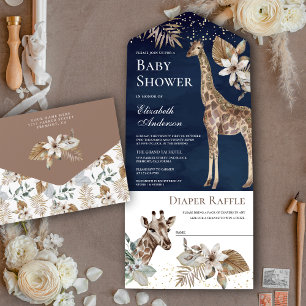 Invitation Tout En Un Marine Blue Boho Wild Safari Baby shower de girafe