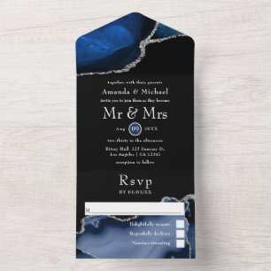 Invitation Tout En Un Marine Blue et Argent Agate Mariage All In One Inv