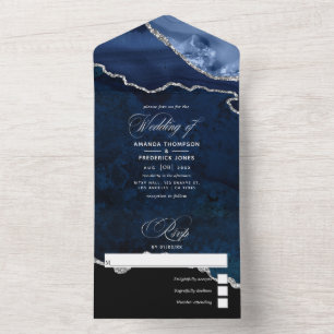 Invitation Tout En Un Marine Blue et Argent Agate Mariage All In One Inv