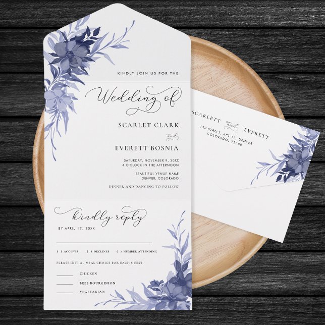Invitation Tout En Un Marine Blue Floral Romantique Calligraphie Mariage (Créateur téléchargé)