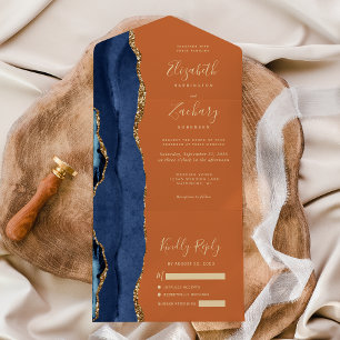 Invitation Tout En Un Marine Blue Gold Agate Brûlé Orange Mariage