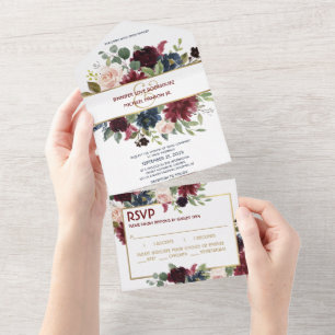 Invitation Tout En Un Marine Blue Gold Boho RSVP All in One Wedding Invi