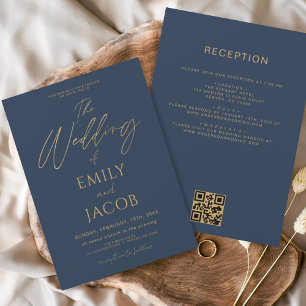 Invitation Tout en un Marine Blue Gold Mariage QR Code Script