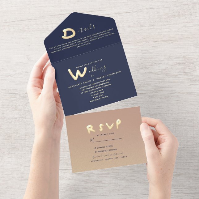 Invitation Tout En Un Marine Blue Gold Typographie moderne Mariage photo (Déchirure)