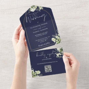 Invitation Tout En Un Marine Blue Greenery Gold Arch Code QR Mariage
