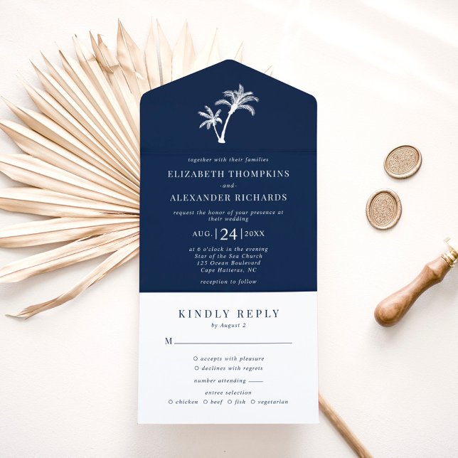 Invitation Tout En Un Marine Blue Palm Tree Plage tropicale Mariage (Créateur téléchargé)