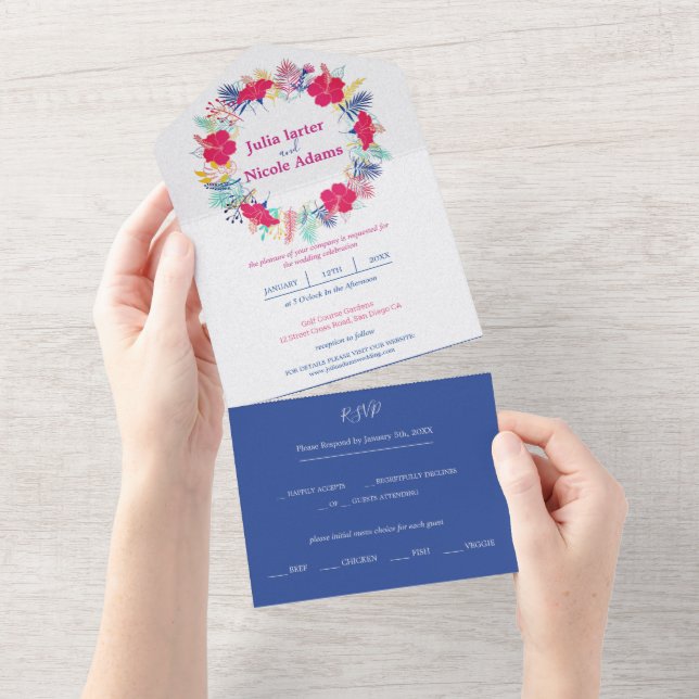 Invitation Tout En Un Marine Blue Rose Wild Rain Forest Mariage À feuill (Déchirure)