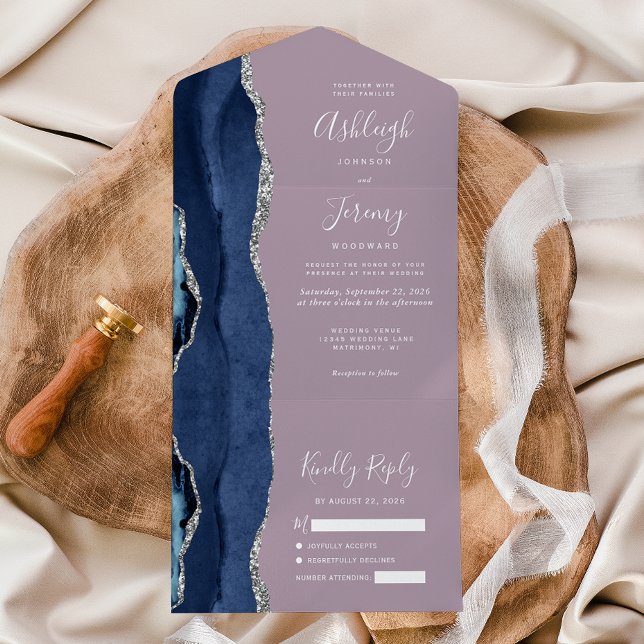 Invitation Tout En Un Marine Blue Silver Agate Mauve Mariage (Créateur téléchargé)