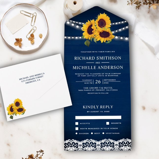 Invitation Tout En Un Marine Blue Wood dentelle chaîne de tournesol clai (Créateur téléchargé)