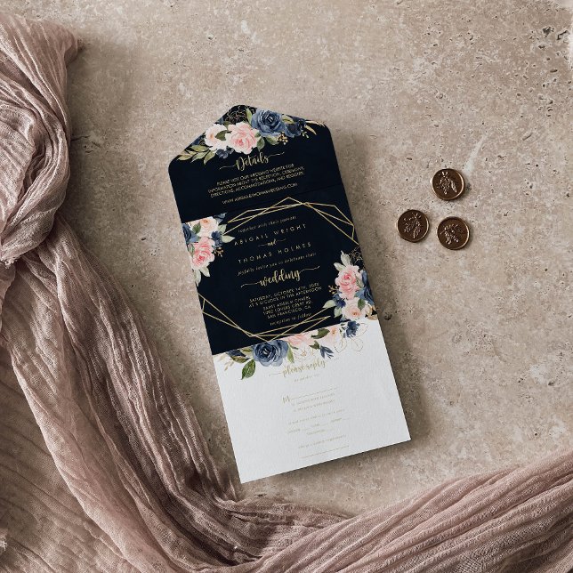 Invitation Tout En Un Marine Blush Floral Gold Mariage géométrique (Créateur téléchargé)