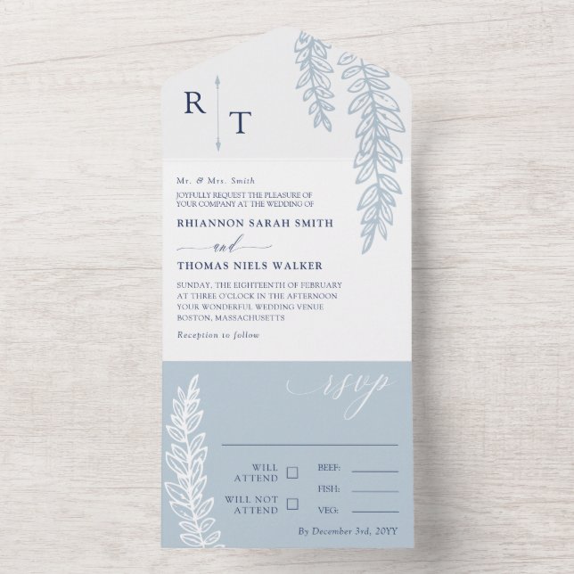Invitation Tout En Un Marine & Dove Blue Greenery Mariage monogramme (À l'intérieur)