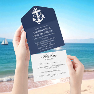 Invitation Tout En Un Marine Nautique Bleu Élégant Mariage océanique mod