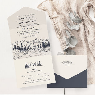 Invitation Tout En Un Marine noire   Mariage d'esquisse de montagne