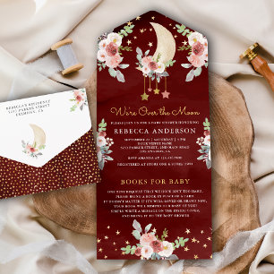 Invitation Tout En Un Marron Bohème Bourgogne Fleurs Étoiles Lune Baby S