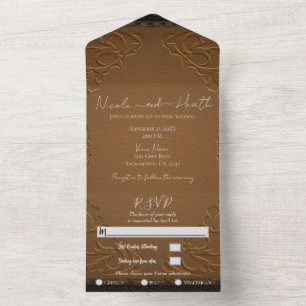 Invitation Tout En Un Marron Rustique Cuir Photo Mariage Brodé  