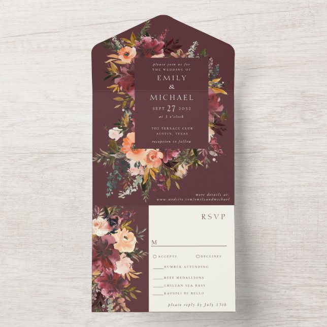 Invitation Tout En Un Marsala Burgundy Peach Aquarelle Florale (À l'intérieur)